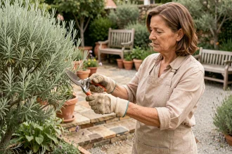 Femme jardinière taillant une sauge arbustive avec un sécateur dans un jardin méditerranéen en pierre