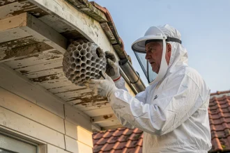 Technicien en combinaison de protection inspectant un nid de frelons asiatiques sous une toiture de maison