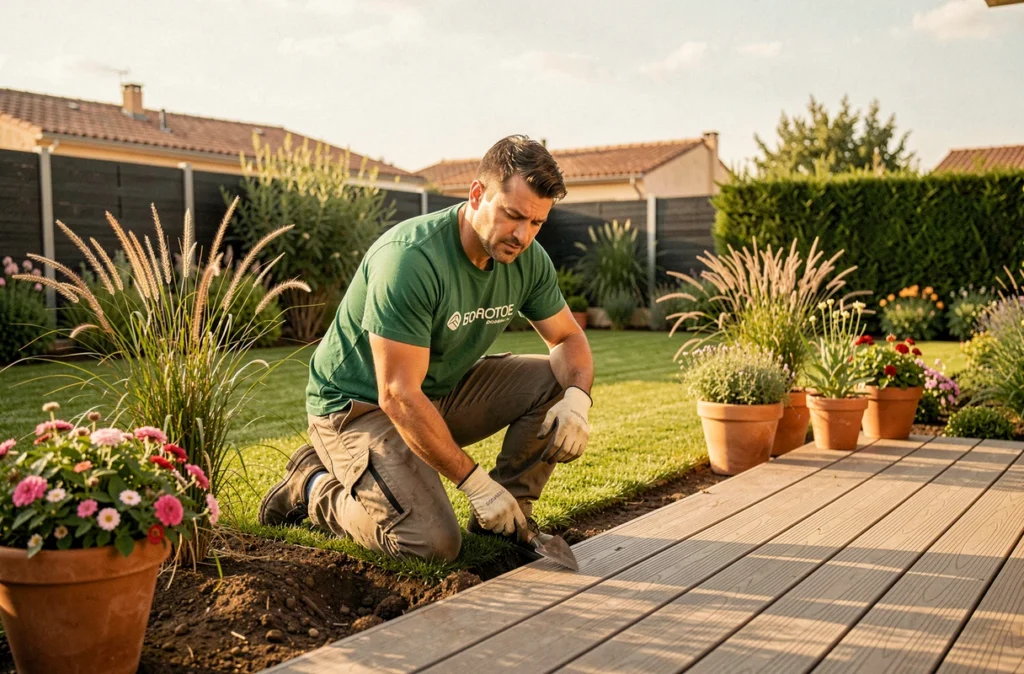 Jardinier de Vert Parc installant une pelouse et des plantes ornementales dans un jardin résidentiel moderne en Occitanie