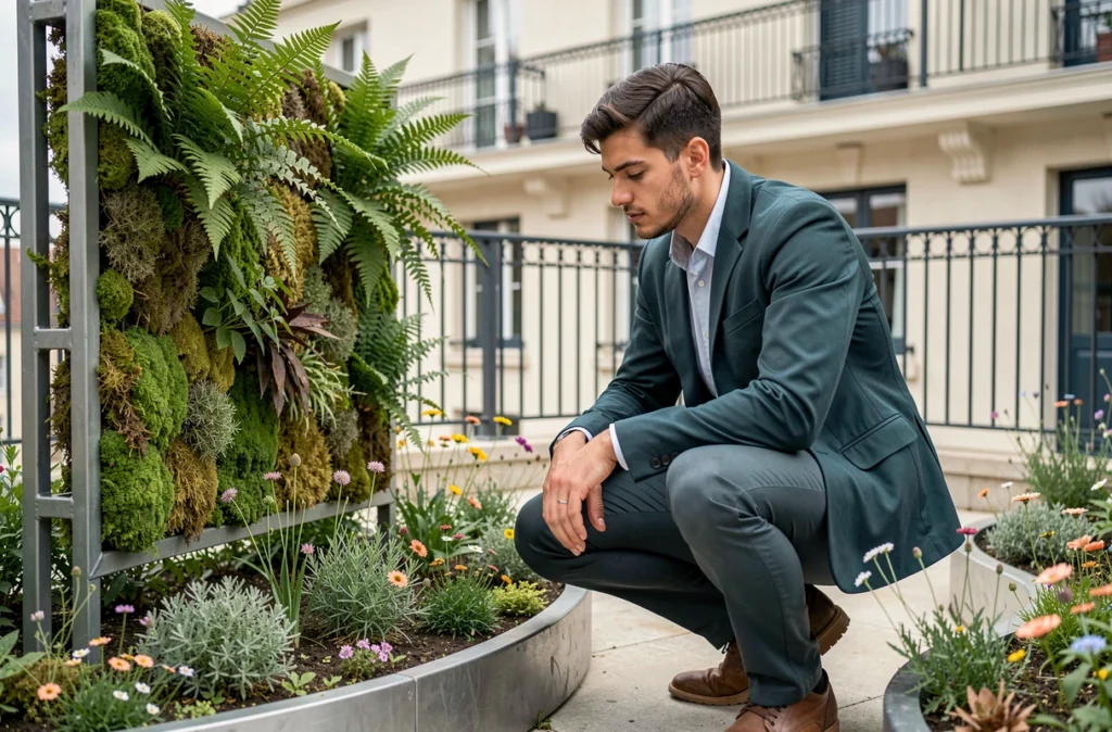 Paysagiste Vertconcept inspectant un mur végétal sur une terrasse contemporaine à Toulouse