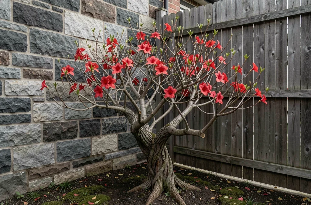 Vieux tronc ligneux d'un azalée ancienne avec des fleurs rouges dans une cour en pierre, témoignant d'une longue durée de vie