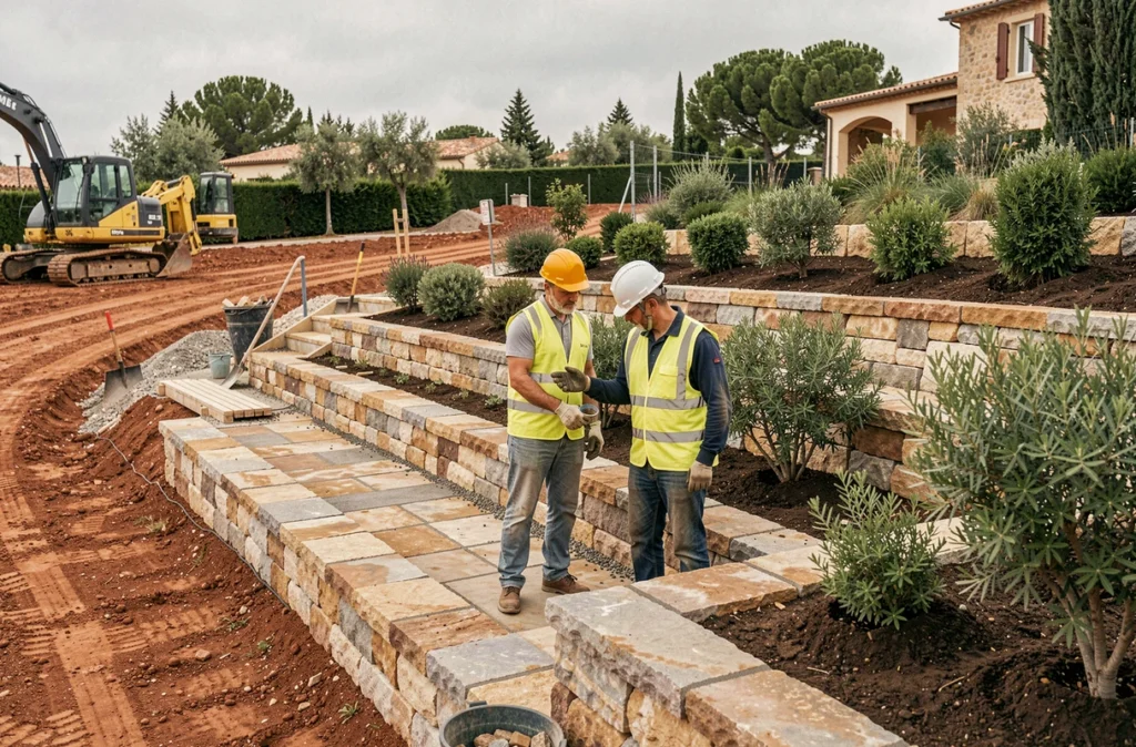 Équipe de WALCONSTRUCTION réalisant des travaux de terrassement et d'aménagement paysager sur un chantier résidentiel en Occitanie