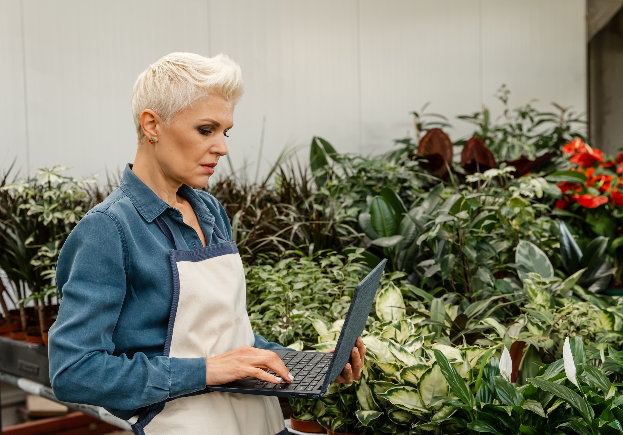 Woman watching gardening tutorials. Plant care. Gardening